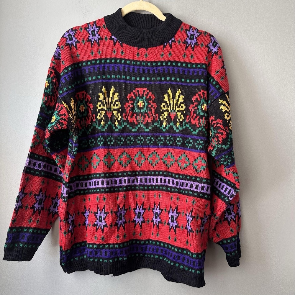 Vintage‎ 90s Sweater Women XL Multicolor Mock Neck Pullover Geometric Knit Cozy